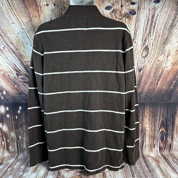 American Eagle Mens Size Large Brown White Stripe Long Sleeve Button Polo Shirt - Picture 2 of 6
